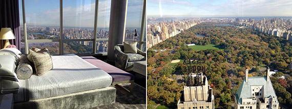 From left: the master bedroom in the One57 model unit and the view from its living room