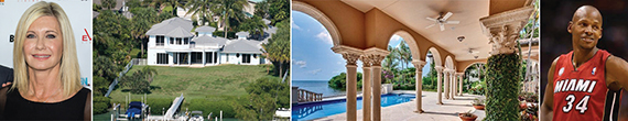 From left: Olivia Newton-John, her Palm Beach County home, a shot of Ray Allen's spread and Allen himself