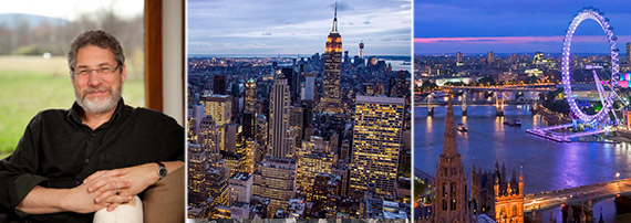 From left: Jonathan Rose, New York City skyline and London skyline