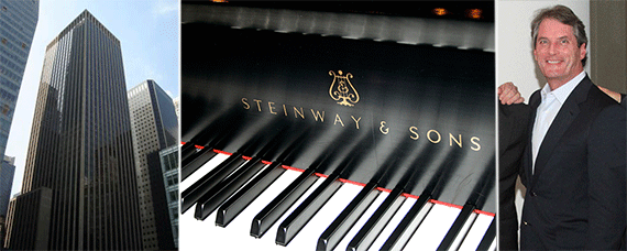 From left: 1133 Sixth Avenue in Midtown, Steinway &amp; Sons piano and Michael Sweeney