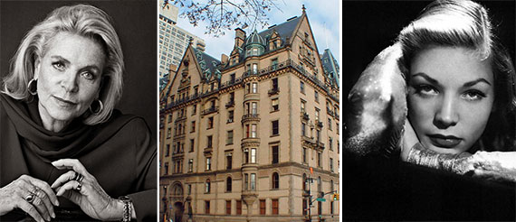 From left: Lauren Bacall, the Dakota at 1 West 72nd Street and the actress during her younger days