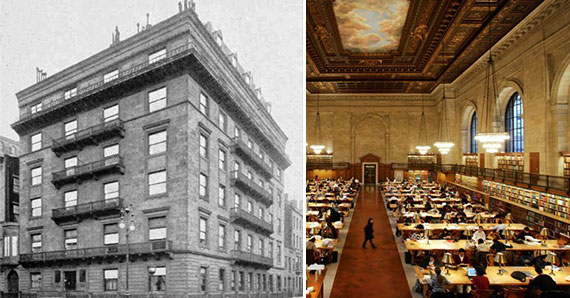 From left: The former Grosvenor Hotel at 35 Fifth Avenue and an interior shot of the New York Public Library