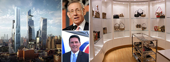 From left: rendering of Hudson Yards (Credit: KPF), Stephen Ross (top), Coach CEO Dale Moser and a Coach store