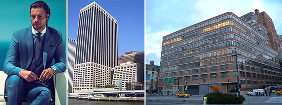 From left: a Hugo Boss model, 55 Water Street and the Starrett-Lehigh Building