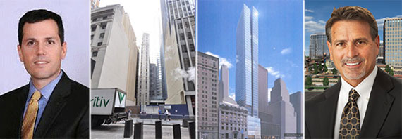 From left: Andrew Scandalios, 45 Broad Street (Credit: PropertyShark), rendering of 45 Broad and LCOR's Peter DiLullo