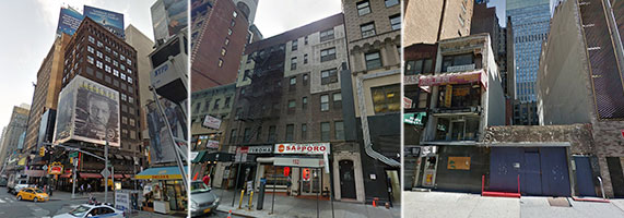 From left: 721 Seventh Avenue, 152 West 49th Street and 163-165 West 48th Street (Photo credit: Google)