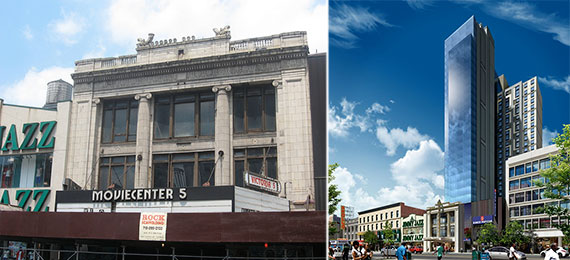 From left: the Victoria Theater and rendering of the upcoming hotel at the site
