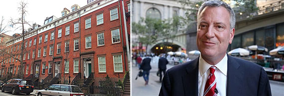 From left: brownstones in New York and Bill de Blasio