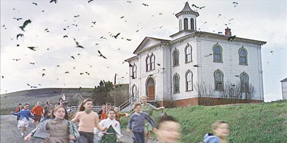 The schoolhouse scene in Alfred Hitchcock's "The Birds"