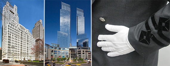 From left: 15 Central Park West, Time Warner Center and a doorman's glove
