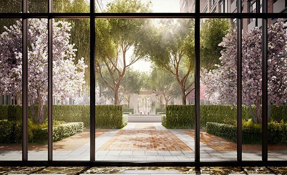 A rendering of the central garden at Greenwich Lane