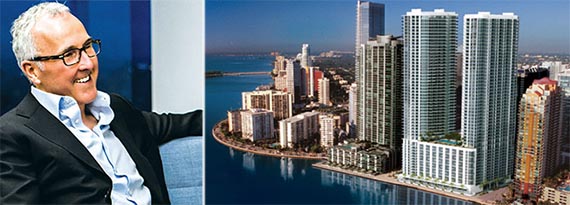 Frank McCourt and early rendering of 1201 Brickell Bay Drive in Miami