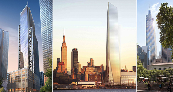 From left: Renderings of 3 World Trade Center (credit: RSHP), Hudson Yards (credit: Related/Oxford) and One Vanderbilt (credit: Kohn Pedersen Fox)