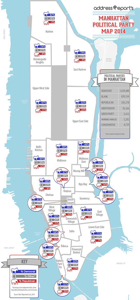 AddressReport's Political Parties of Manhattan Map for 2014