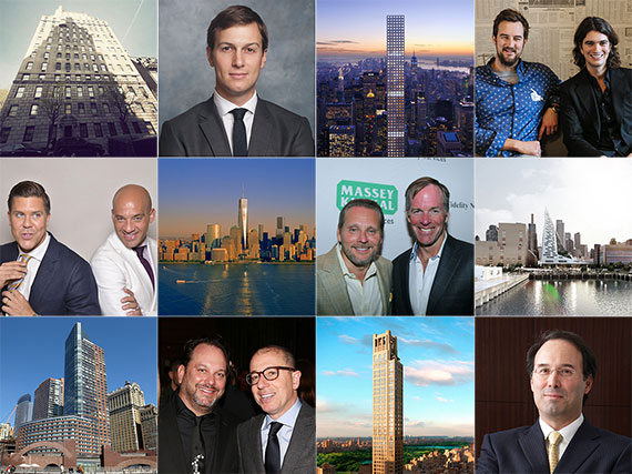 Top from left: 834 Fifth Avenue, Jared Kushner, 432 Park Avenue and WeWork's Miguel McKelvey and Adam Neumann. Middle from left: Fredrik Eklund and John Gomes, One World Trade Center, Bob Knakal and Paul Massey and Durst's West 57th Street project. Bottom from left: The Ritz-Carlton at Battery Park City, Andrew Heiberger and Joe Sitt, 520 Park Avenue and Gary Barnett.