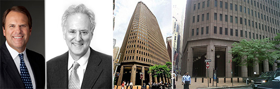 From left: MetLife's Steven Goulart, Beacon's Alan Leventhal and 85 Broad Street in Lower Manhattan