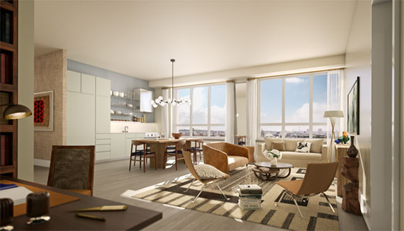 Rendering of a living room at The Boerum 