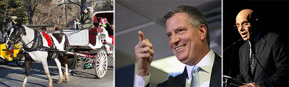 From left: horse carriage in Central Park, Mayor Bill de Blasio and Stephen Nislick