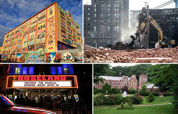 Clockwise from left: the former 5Pointz, the demolition of the Domino Sugar Factory, Roseland Ballroom and Mount Manresa