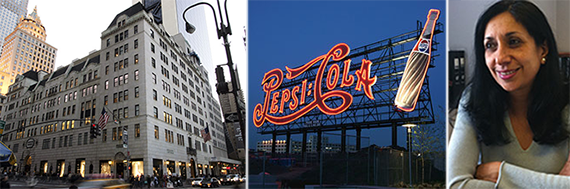 From left: Bergdorf Goodman building in Midtown, Pepsi-Cola sign in Long Island City and Meenakshi Srinivasan