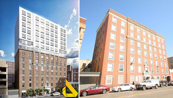 From left: Renderings for 285 Schermerhorn Street in Downtown Brooklyn, and the existing structure