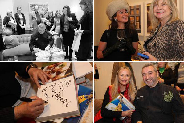 Clockwise from left: Chef Cesare Casella signs books in the sales gallery for event attendees; Lisa Mimoun of Corcoran Group with sales director Judy Kekesi; Casella signing books for event attendees; and Bonnie Pheifer Evans of Corcoran Group with Casella