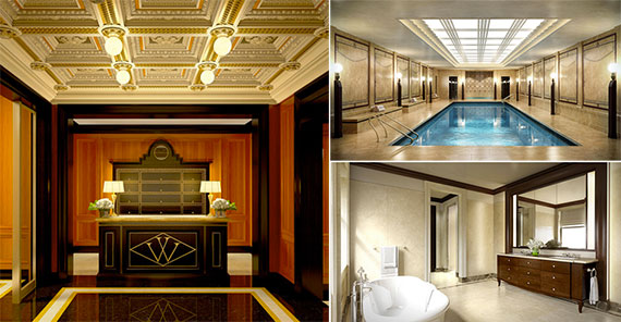 Clockwise from left: Renderings of he Woolworth Residences lobby, a reconstructed pool in the basement and a bathroom unit