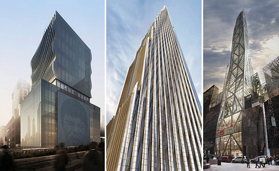From left: Renderings of 515 Highline, 111 West 57th Street and 53W53