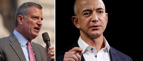 From left: Bill de Blasio and Amazon's Jeff Bezos