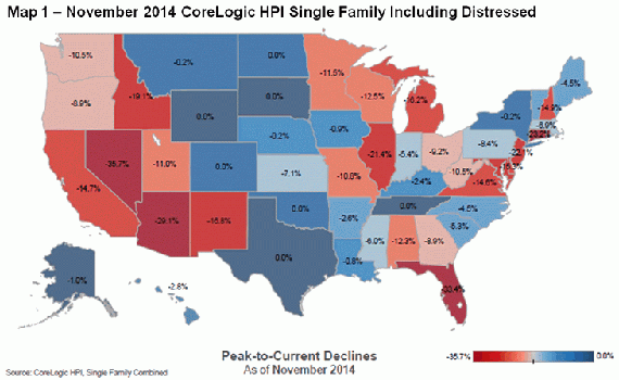CoreLogic November Home Prices Index peak-to-current declines map