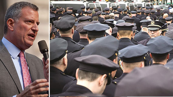 From left: Mayor Bill de Blasio and NYPD officers in protest during the funeral of Officer Rafael Ramos