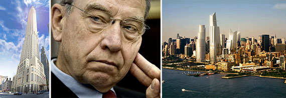 From left: rendering of 30 Park Place, Senator Chuck Grassley and a rendering of Hudson Yards