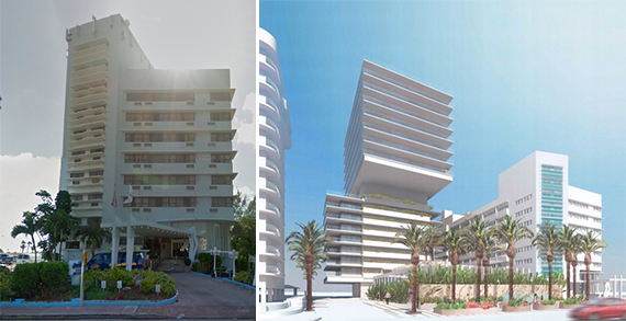 Former Howard Johnson hotel at 8701 Collins Avenue and a former rendering of the site