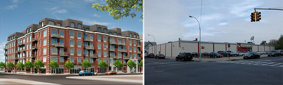 From left: a former rendering for the location and 1560 60th Street, Brooklyn