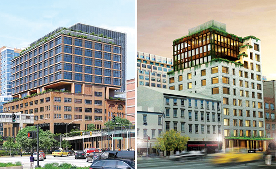 Left: After a failed plan to put a hotel on top of Chelsea Market, the developer now intends to create a 330,000-square-foot addition consisting of office space. Right: The structure atop 345 Meatpacking at 345 West 14th Street was part of the original design.