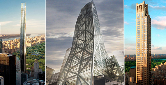 From left: Renderings of 111 West 57th Street, 53W53 and 520 Park