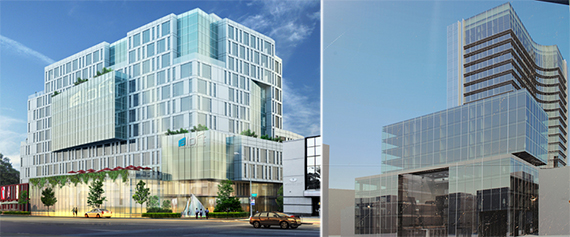 From left: Renderings of Xu Hotel &amp; Residences (credit: Raymond Chan Architect) and Eastern Mirage in Flushing (credit: Fleet Architects via New York YIMBY)