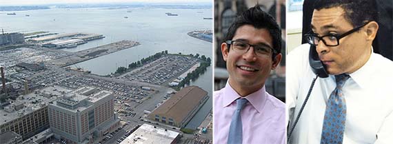 From left: South Brooklyn Marine Terminal in Sunset Park, Carlos Menchaca and Kyle Kimball