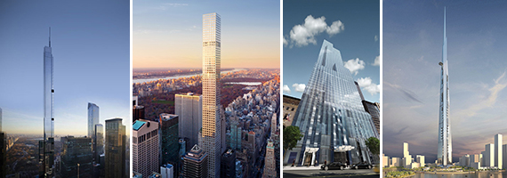 From left: Renderings of Nordstrom Tower, 432 Park, One57 and Kingdom Tower
