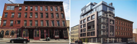 119-123 Kent Avenue and a rendering for a building proposed last year at the site