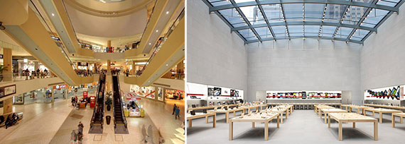 From left: Queens Center Mall and the interior of an Apple store