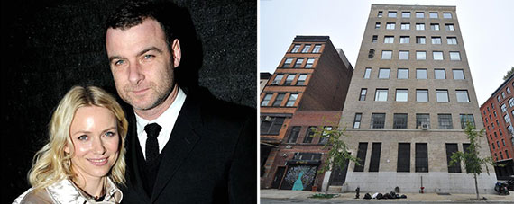From left: Naomi Watts and Liev Schreiber (credit: Becuo) and 427 Washington Street in Tribeca