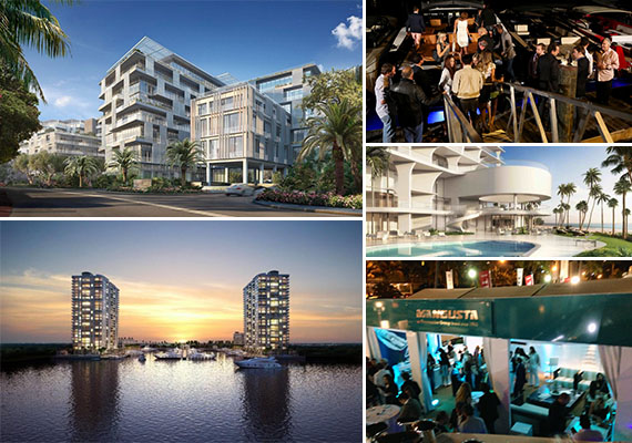 Clockwise from left: Ritz-Carlton Residences Miami Beach and its Thursday night party, Jade Signature, Mangusta's party sponsored by Jade Signature, and Marina Palms Yacht Club and Residences
