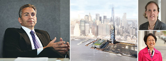 From left: David Weinreb (credit: Max Dworkin), a rendering for the South Street Seaport redevelopment (credit: SHoP), Gale Brewer (top) and Margaret Chin