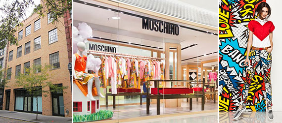 From left: 73 Wooster Street in Soho, Moschino in Hong Kong and a Moschino look