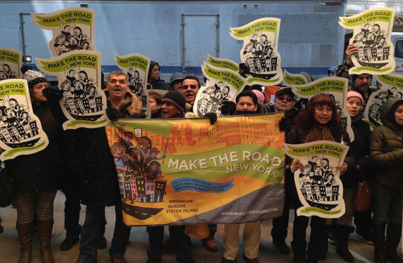 Tenant advocates rallied outside One57 on Wednesday (Credit: Claire Moses/<em>The Real Deal</em>)