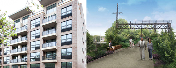 The Rego Modern at 99-39 66th Avenue in Rego Park and a rendering of QueensWay (credit: dlandstudio and WXY)