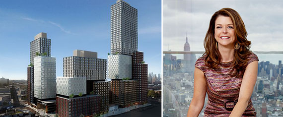 From left: rendering of Forest City Ratner's proposed rental towers (Credit: SHoP Architects) and Maryanne Gilmartin