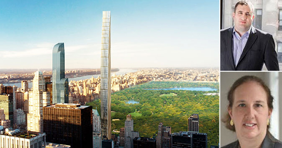 Clockwise from left: A rendering of 111 West 57th Street, Michael Stern and Gale Brewer