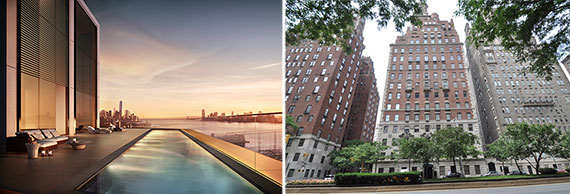From left: rendering of the penthouse pool at 551 West 21st Street And 778 Park Avenue